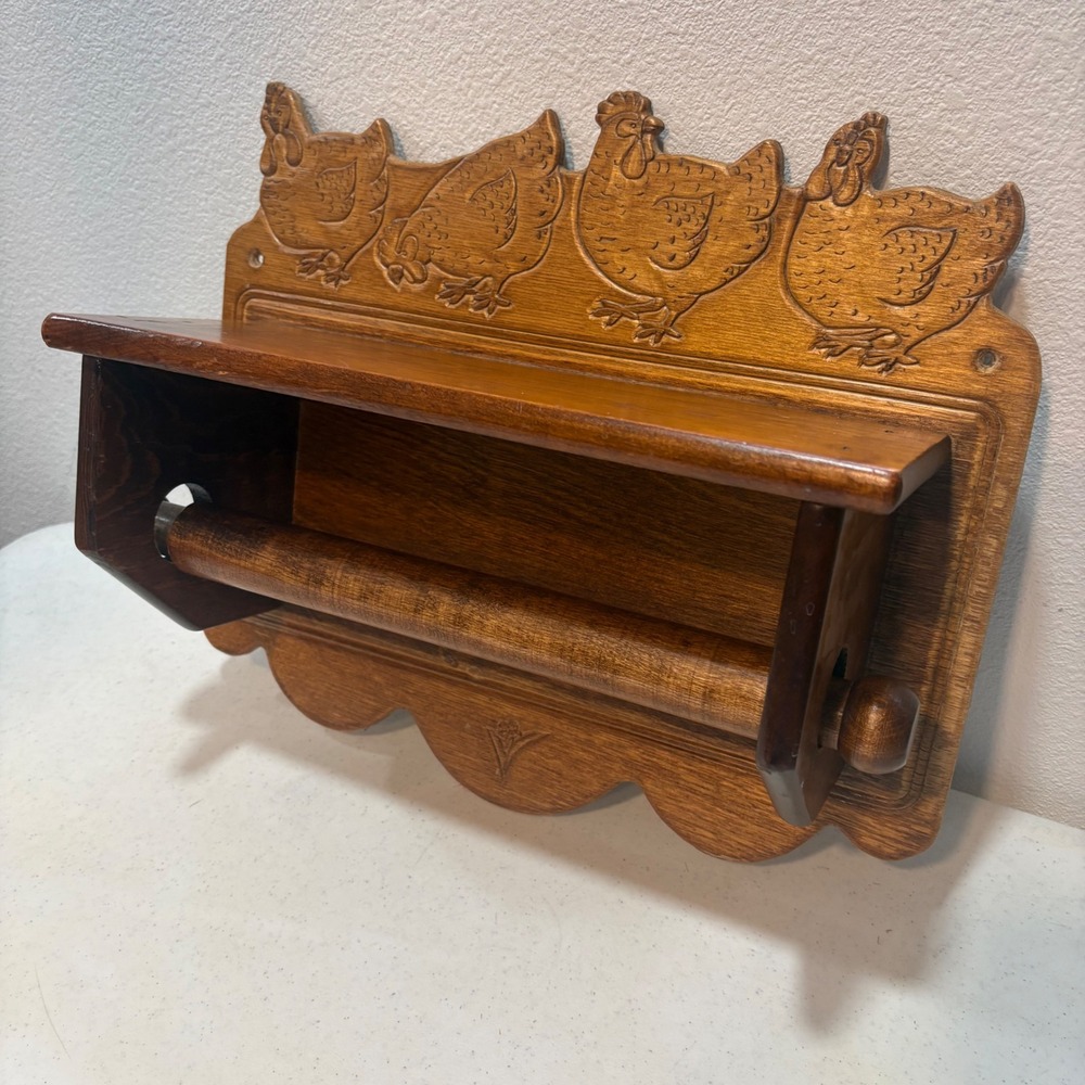 Vintage Carved Wood Chicken Hen Paper Towel Holder Wall Mount Shelf Farmhouse - Picture 6 of 13
